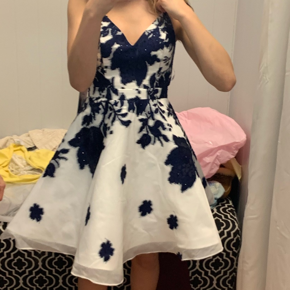 Jovani White and Navy Floral Dress